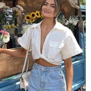 Zara Cropped Shirt White Linen Blend Size Medium